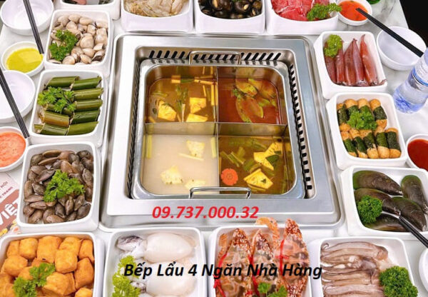 Bếp lẩu 4 ngăn nhà hàng, bếp từ vuông âm bàn 4 ngăn, bếp lẩu inox 4 vị