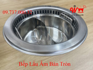 Bếp lẩu tròn âm bàn nhà hàng, có thể lắp hút mùi, đẹp, sang trọng, 2 ngăn