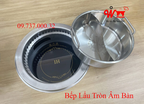 Bếp lẩu tròn âm bàn nhà hàng, có thể lắp hút mùi, đẹp, sang trọng, 2 ngăn - Ảnh 2