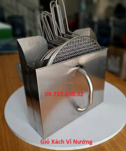 Giỏ xách vỉ nướng cầm tay, khay inox đựng vỉ nướng inox, vỉ gang, vỉ tròn