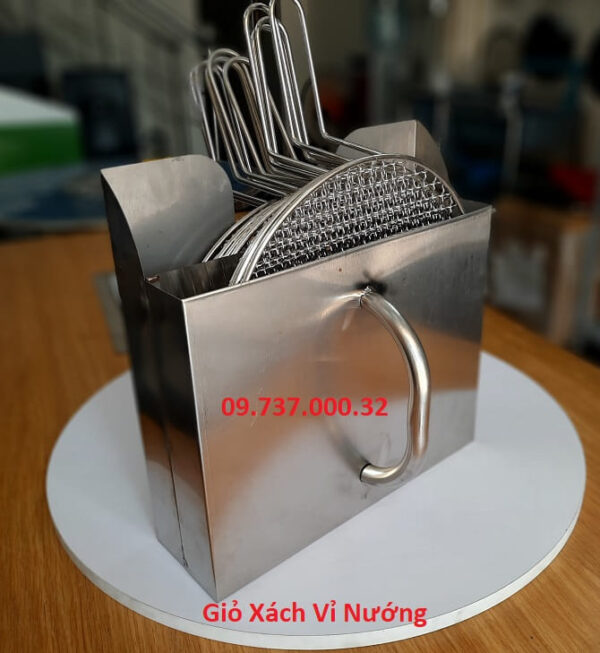 Giỏ xách vỉ nướng cầm tay, khay inox đựng vỉ nướng inox, vỉ gang, vỉ tròn
