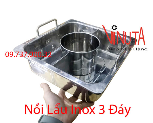 nồi lẩu inox 3 đáy | nồi nấu lẩu bằng inox 3 ngăn riêng biệt | Xoong ăn lẩu inox