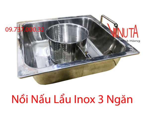 nồi nấu lẩu inox 3 ngăn | nồi lẩu inox 3 đáy| xoong inox nấu lẩu hình vuông nhà hàng