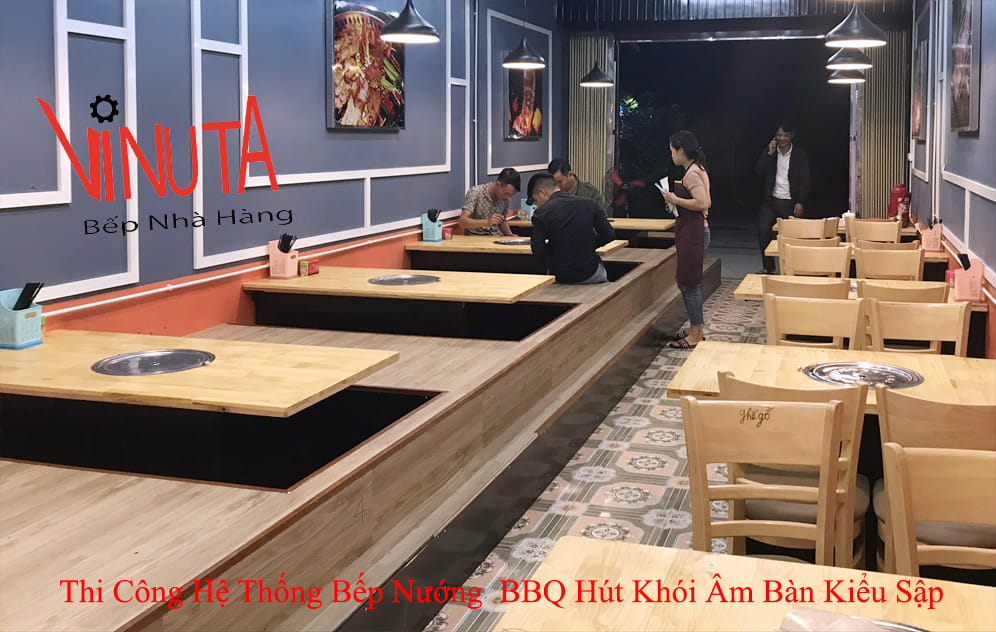 thi công hệ thống bếp nướng bbq hút khói âm bàn kiểu sập