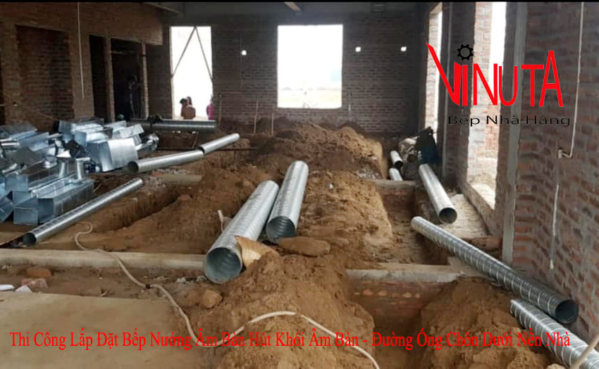 thi công lắp đặt bếp nướng âm bàn hút khói âm bàn đường ống chôn dưới nền nhà