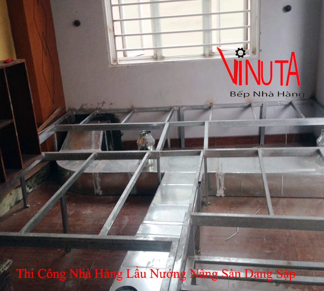thi công nhà hàng lẩu nướng nâng sàn dạng sập