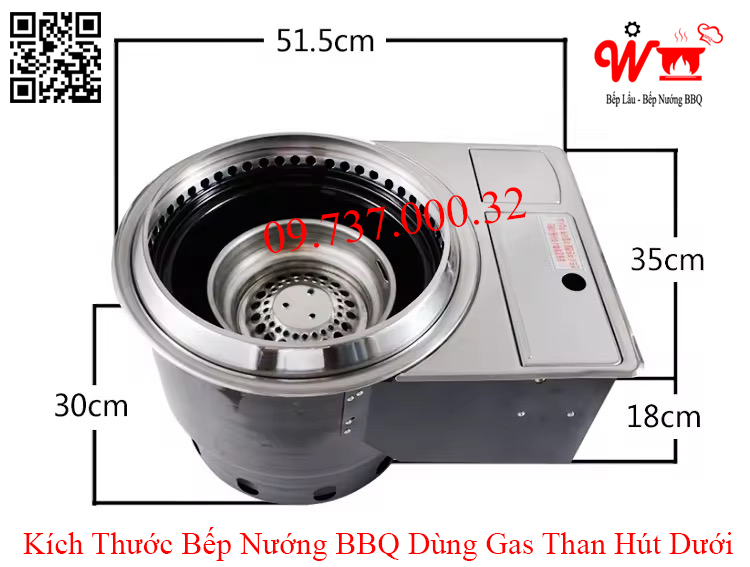 Kích thước bếp nướng BBQ âm bàn dùng gas than hút dưới