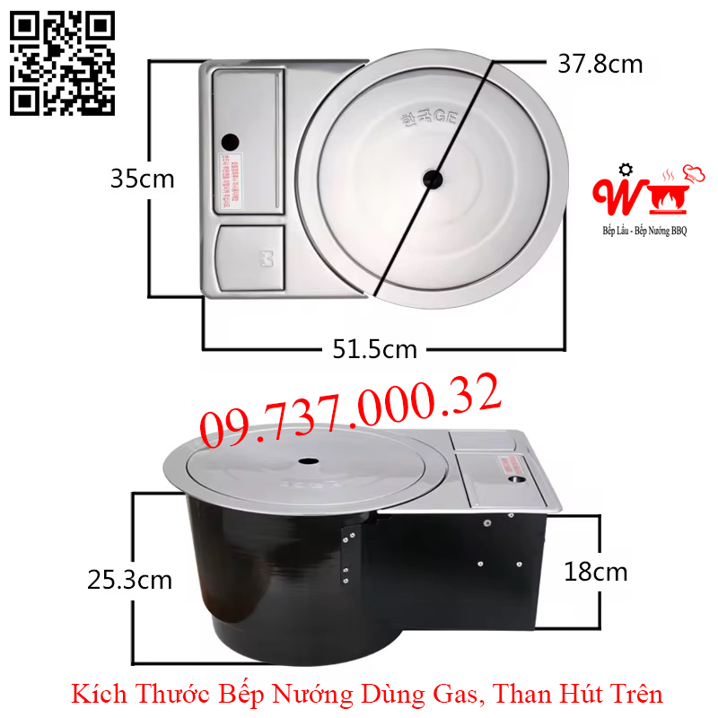 Kích thước bếp nướng dùng Gas Than hút trên